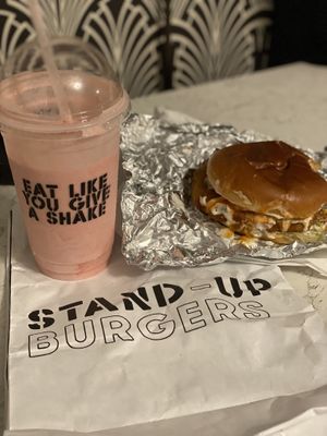 Buffalo Chicken Sandwich and strawberry milkshake  at Stand-Up Burgers - Wells in Chicago