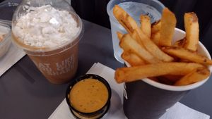 Fries, queso sauce and shake at Stand-Up Burgers - Wells in Chicago