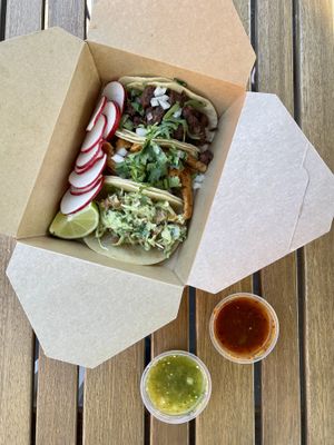 I had each of the three vegan tacos with hot red salsa and green tomatillo.  at Crearéé (FKA Mercado Mexico) in Bishop