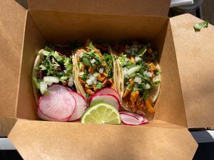 Three vegan tacos, really good  at Crearéé (FKA Mercado Mexico) in Bishop