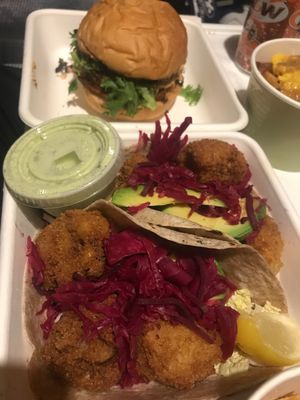 Cauliflower tacos and Chipotle burger  at Fresh Kitchen + Juice Bar Hurontario in Mississauga
