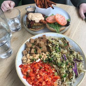 A chipotle bacon burger with sweet potato fries and the ‘tiger’ fresh bowl. Delicious! at Fresh Kitchen + Juice Bar Hurontario in Mississauga