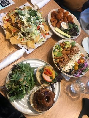 Nachos, Buffalo cauliflower, Cobb salad, & Bbq burger   at Fresh Kitchen + Juice Bar Hurontario in Mississauga