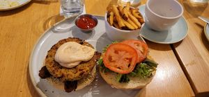Burger with a side of fries (how it's served) at Fresh Kitchen + Juice Bar Hurontario in Mississauga