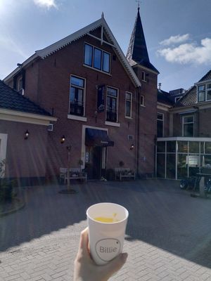 Vegan coconut carrot soup in our own cup at Le Défi in Barchem