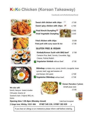 Menu at Koko Korean Food in Whitby