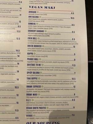 The vegan part of the menu at Blue Sushi Sake Grill in Austin
