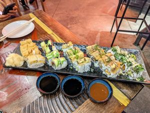 The kitchen now requires cookbook adherence, which may result in an overbearing sauce presence to some palates.  The sauces can be served on the side. at Blue Sushi Sake Grill in Austin