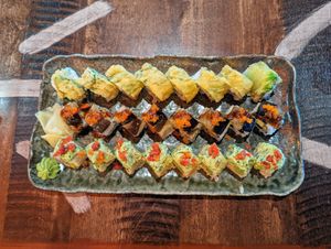 Crunchy Cabbage, Unami Express, and Eden Roll, on a Tuesday (all day vegan Happy Hour). at Blue Sushi Sake Grill in Austin