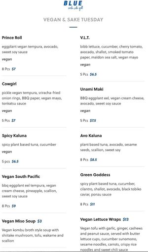 vegan Tuesday menu  at Blue Sushi Sake Grill in Austin