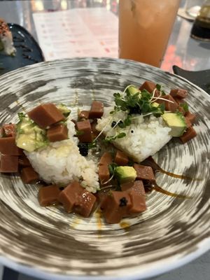 “Tuna” tower after I dug in   at Blue Sushi Sake Grill in Austin