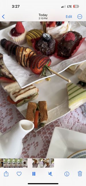 Fruit kabob, date/blueberry treat, brownie (top layer). Avocado sandwich, cucumber sandwich, spinach and mushroom sandwich. Scone not pictured - but was an orange cranberry scone  at Hummingbird in The Woodlands