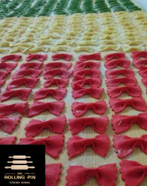 Coloured Bow Tie Farfalle from scratch at The Rolling Pin Cooking School in Padua