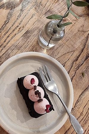 Raspberry brownie at nue ground in South West London