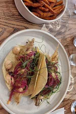 Fried tofu wraps with sweet potato fries at nue ground in South West London