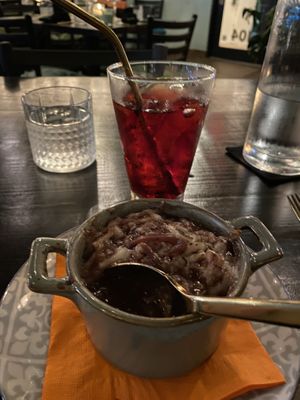 French onion soup and hibiscus lemonade  at Ka Papa Cuisine in Sarasota