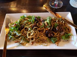 Pesto pasta home made with smoked mushrooms next level dining at Ka Papa Cuisine in Sarasota