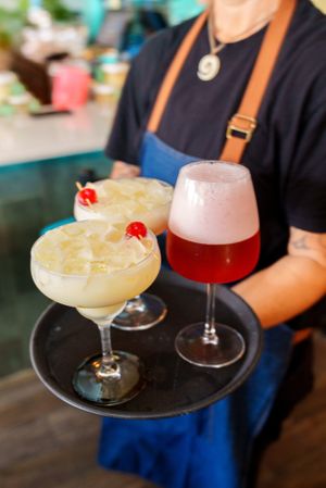 Virgin Pina Colada and Dragon Fruit Sour Beer at Ka Papa Cuisine in Sarasota