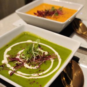 Watercress Soup & Chilled Carrot Ginger Soup at Ka Papa Cuisine in Sarasota