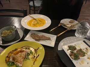 Appetizers- Brie, escargot, gf crackers, carrot soup, broccoli mash  at Ka Papa Cuisine in Sarasota