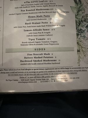 Sides menu  at Ka Papa Cuisine in Sarasota