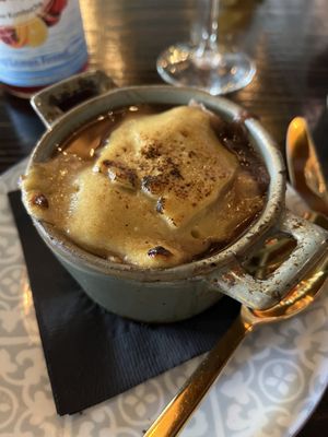Crock of French onion soup  at Ka Papa Cuisine in Sarasota