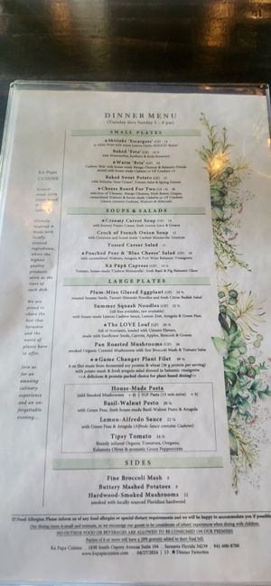 Menu page 1 August 17 2024 at Ka Papa Cuisine in Sarasota