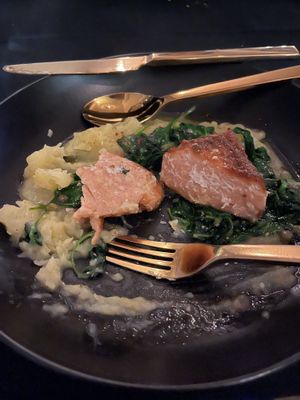 “Salmon” with cauliflower mash—chef has captured the taste, appearance and flaky texture of the real thing.  at Ka Papa Cuisine in Sarasota