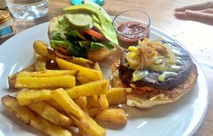 Love burger + sweet potato fries at Clean Cafe in Ubud