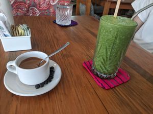 jupiter green juice and double espresso at Calmate Cafe in Puerto Vallarta
