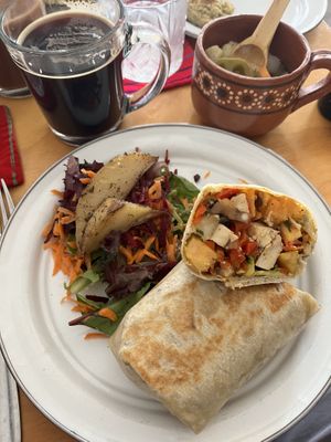 Vegano wrap with coffee and pickled vegetables   at Calmate Cafe in Puerto Vallarta
