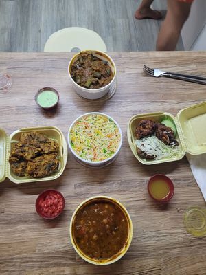 Spiced okra, some veggie fritters, rice and a chickpea dish (takeaway) at Indian Delights in Lanzarote