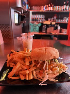 Chix burger. Enough for two people. And delicious horchata in the new restaurant space    at Black Magic Mexican in Lebanon