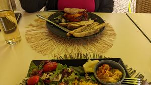 A beyond burger with numerous additions that they concocted; my wife reported that it was excellent. This was from the standard vegan menu. at Parsley and Thyme in Silves