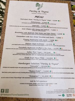 Menú, only 2 dishes are not vegan   at Parsley and Thyme in Silves