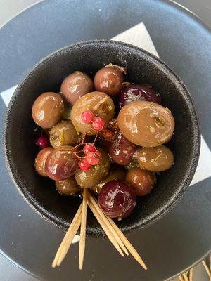 Marinated olives (with foraged ingredients!)  at Parsley and Thyme in Silves