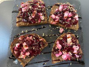 Beetroot and vegan feta bruschetta   at Parsley and Thyme in Silves