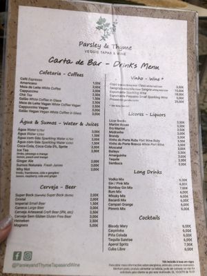 Drink menu  at Parsley and Thyme in Silves