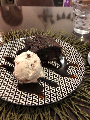 Vegan brownie w/ vegan ice cream  at Parsley and Thyme in Silves