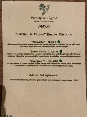 Burger menu  at Parsley and Thyme in Silves