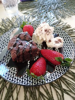 Chocolate brownie, ice cream, strawberries, chocolate sauce...omg so tasty! at Parsley and Thyme in Silves