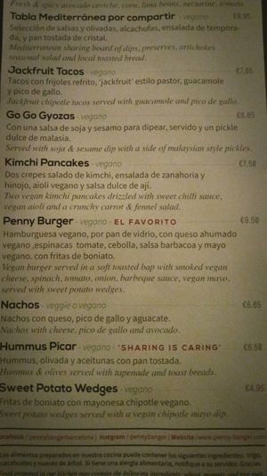 Food menu 2 at Penny Banger in Barcelona