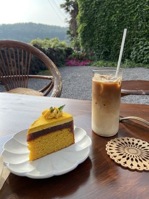 Sweet pumpkin cake + oatly latte at Pengohoda - 펜고호다 in Jeju