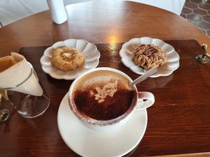 Two cookies with a Caffè Mocha with Soy milk at Pengohoda - 펜고호다 in Jeju