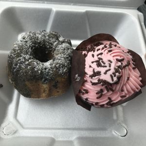 Mini chocolate and blueberry Bundt cake. Chocolate cupcake with strawberry frosting   at Silke's Old World Breads in Clarksville