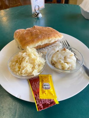 Vegan brat combo (sauerkraut and potato salad). The brat and the bacon in the potato salad are both Morningstar brand. Everything was delicious!  at Silke's Old World Breads in Clarksville