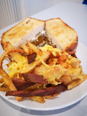 F*sh Finger Sandwich with loaded fries at Slice + Dice in Norwich