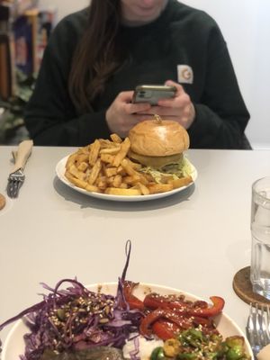 Bowl of the day and burger   at Slice + Dice in Norwich