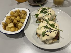 Tofu Florentine and fried potatoes  at Slice + Dice in Norwich