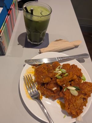 Oyster mushroom wings and matcha lemonade at Slice + Dice in Norwich